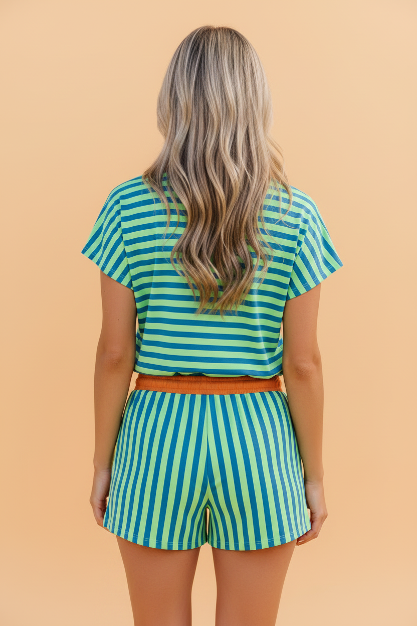 Stripe Colorblock V-Neck Tee & Drawstring Short Set