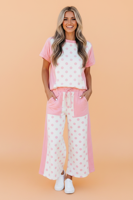 Polka Dot Colorblock Top & Wide Leg Pants Set