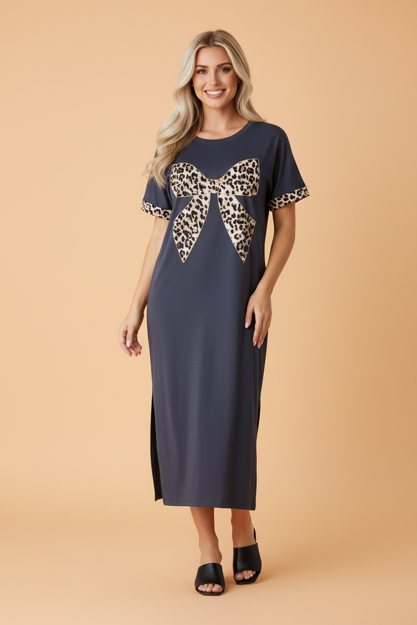 Leopard Bow Patched Short Sleeve T-Shirt Long Dress