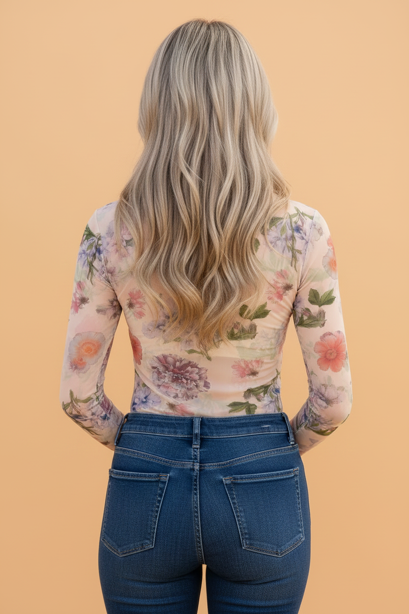 Floral Mesh Thumbhole Long Sleeve Slim Fit Top