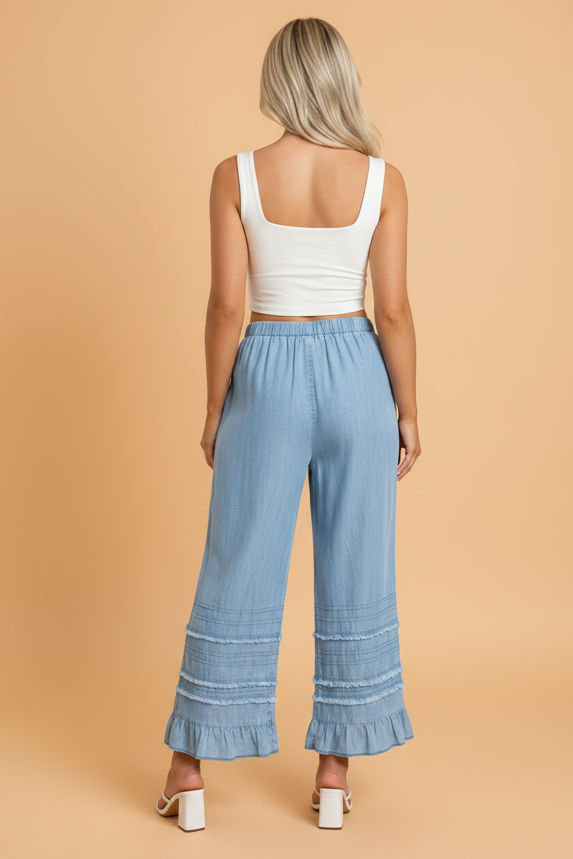 Ruffle Hem High Waist Wide Leg Chambray Pants