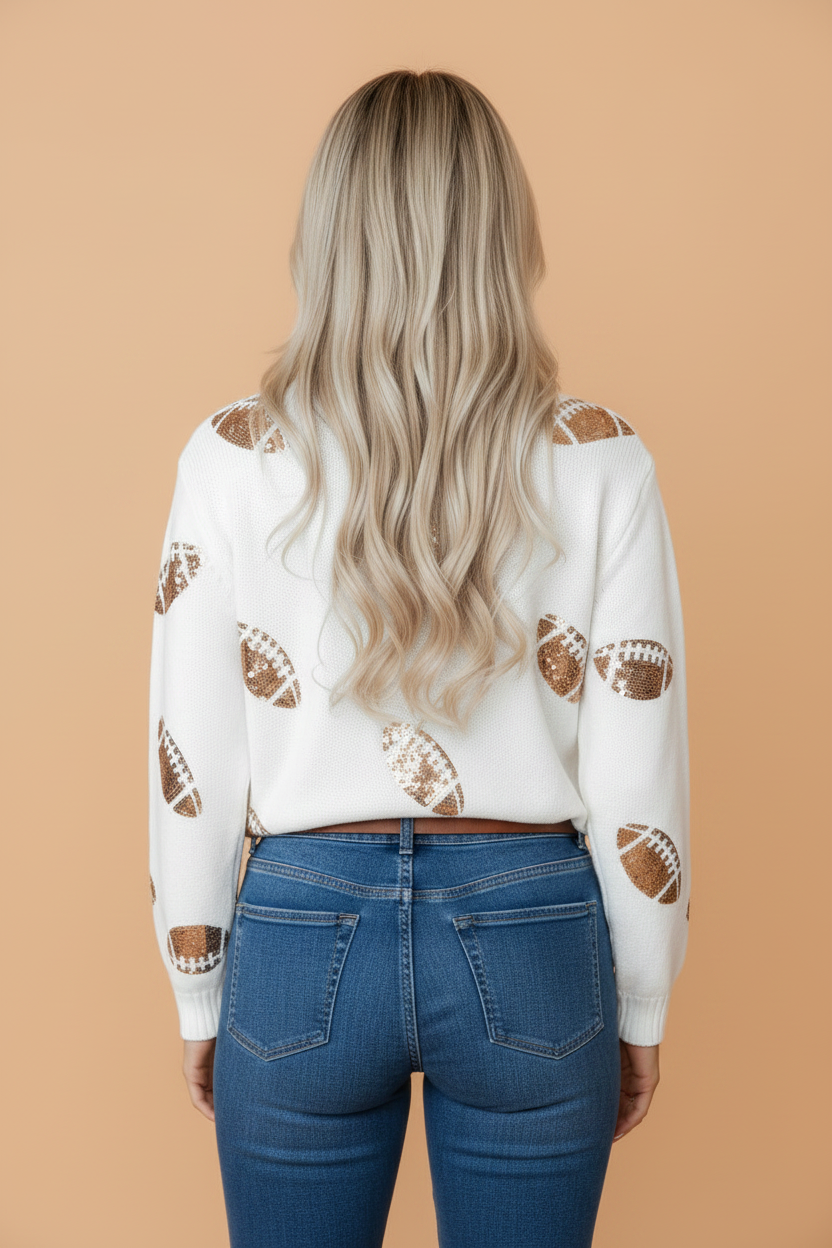 Football Sequin Round Neck Long Sleeve Sweater