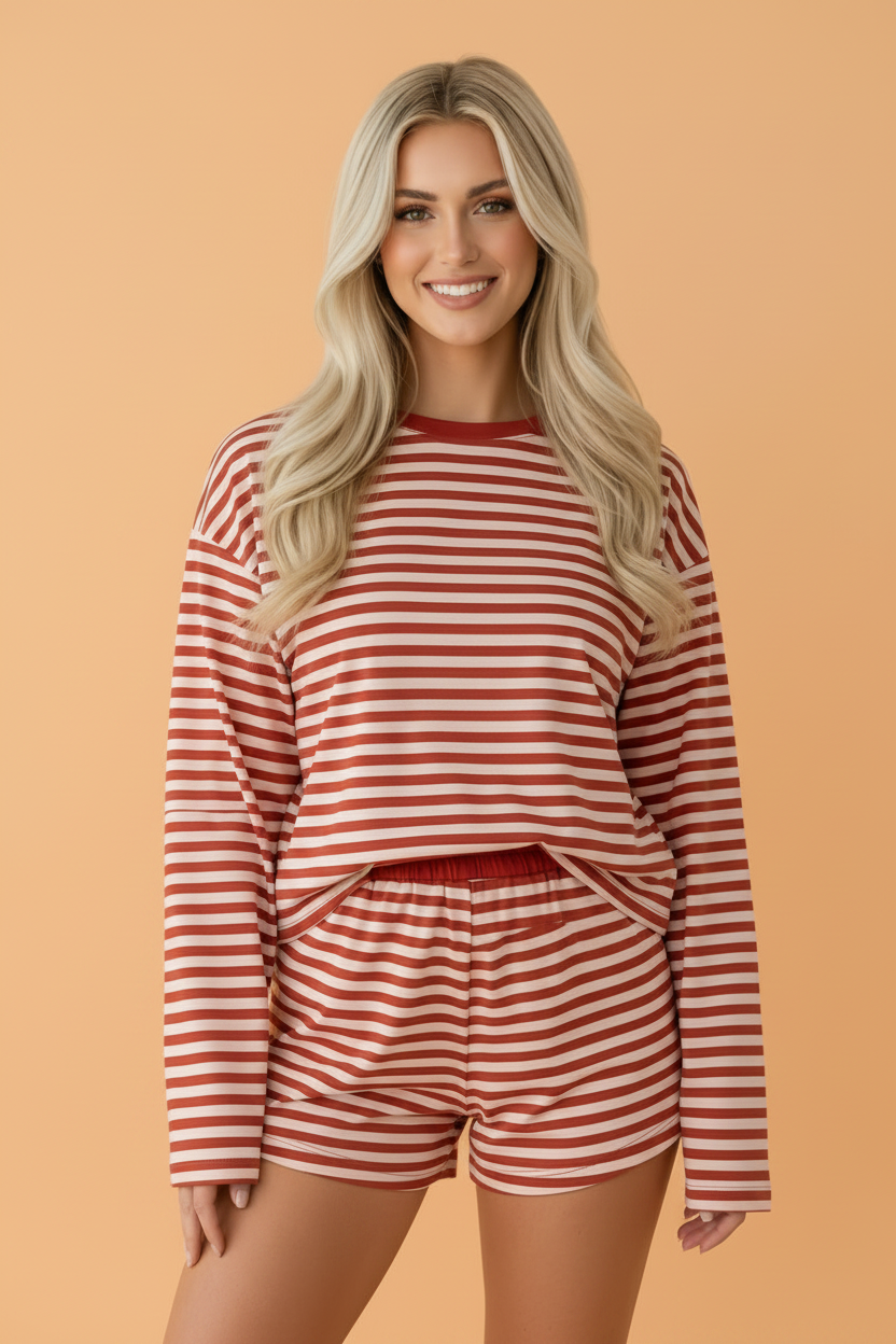 Stripe Contrast Long Sleeve Top & Elastic Waistband Short Set