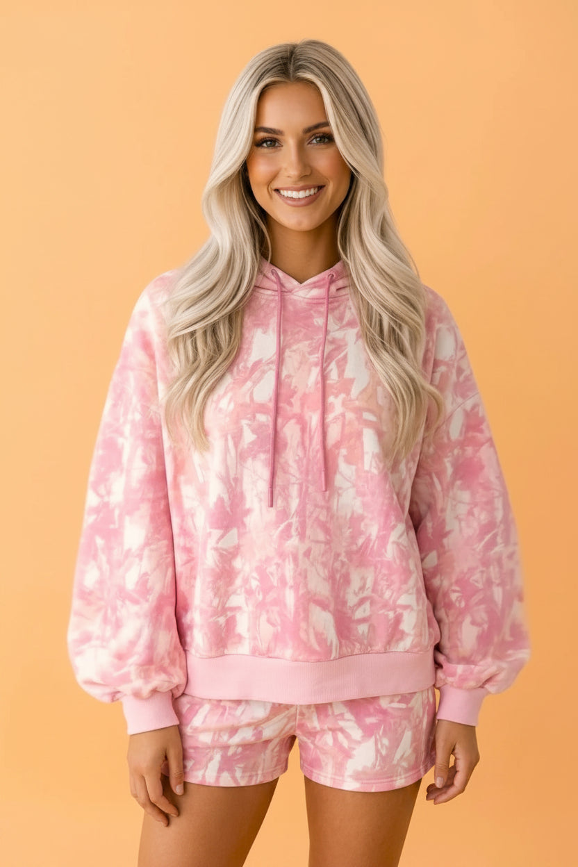 Abstract Loose Hoodie Sweatshirt & Slim Shorts Set