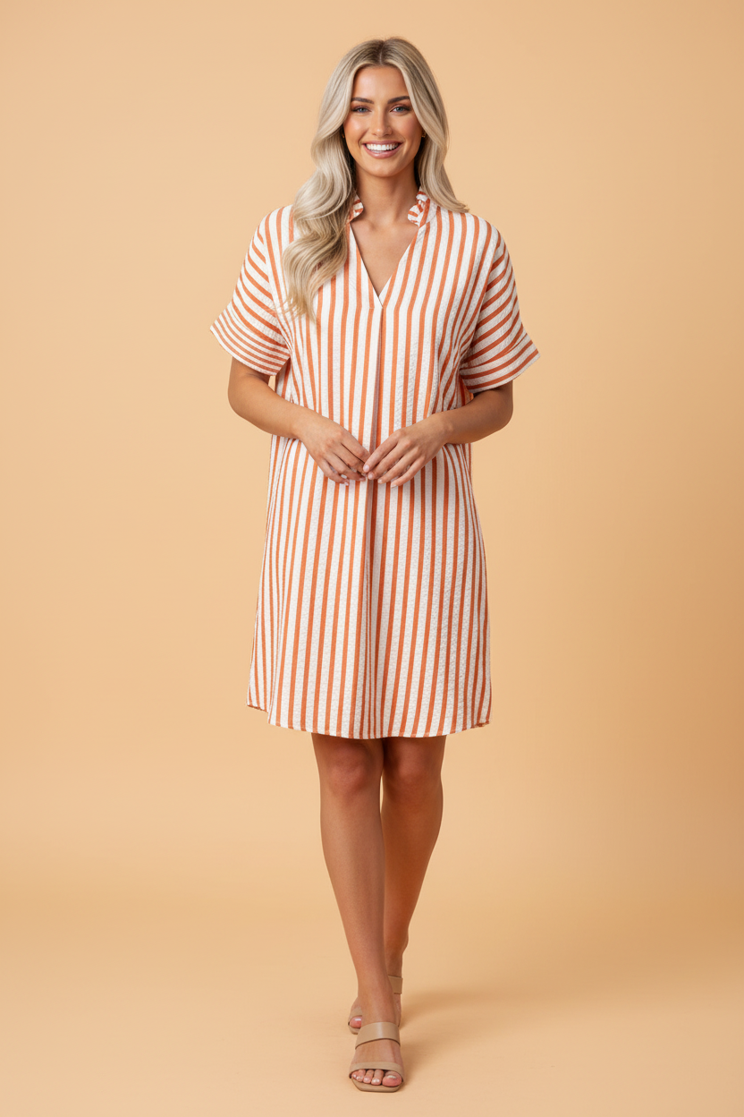 Stripe Pleated Frilled V-Neck Mini Dress
