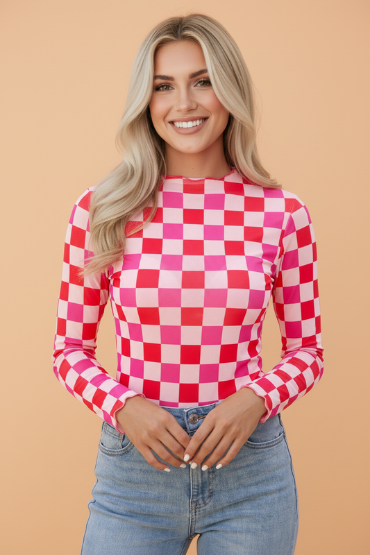 Checker Sheer Mesh Long Sleeve Blouse