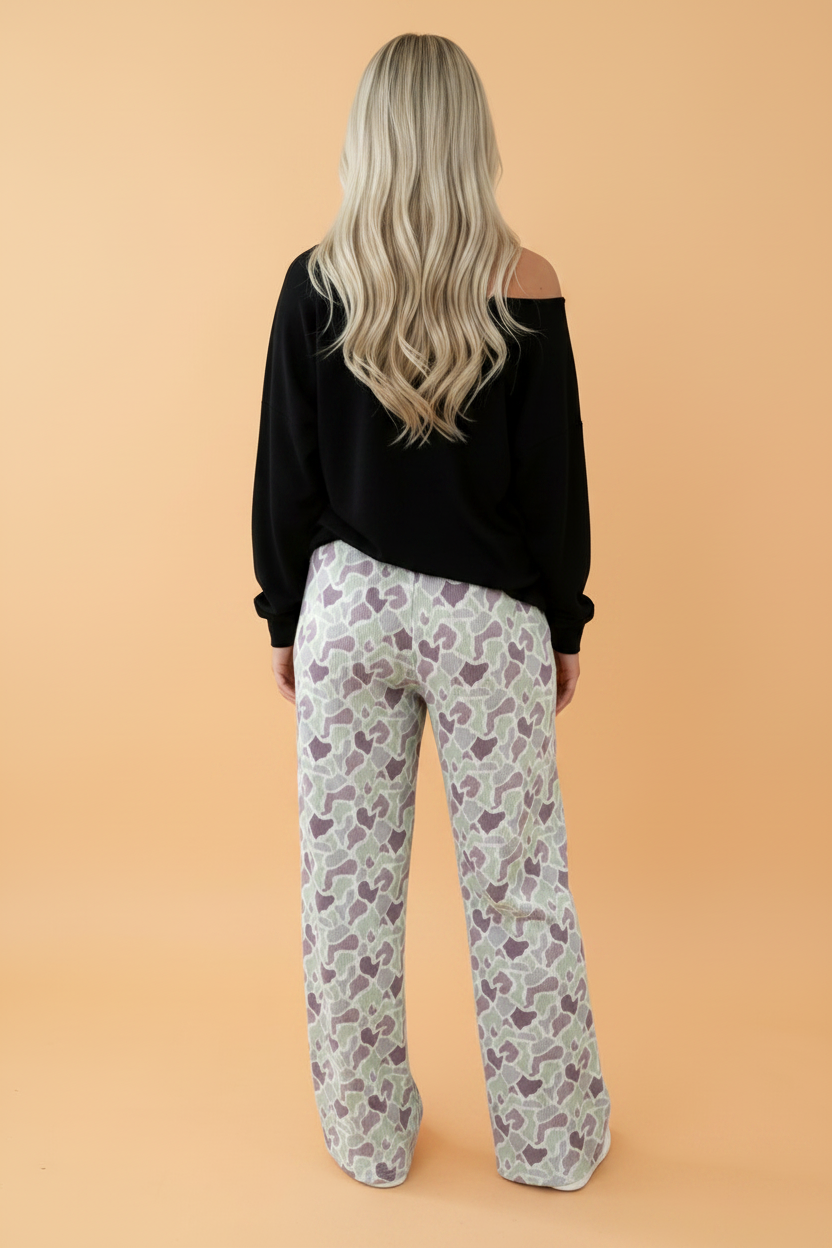 Camo Drawstring High Waist Wide Leg Pants