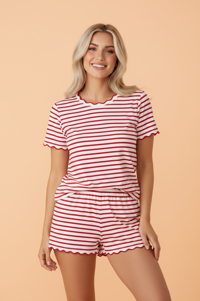 Stripe Scallop Trim Top & Elastic Waist Shorts Set