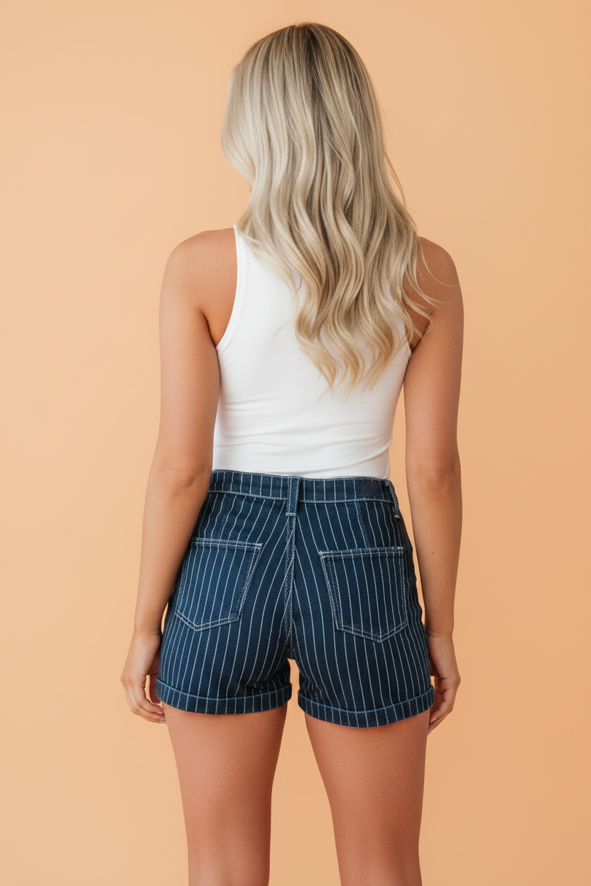 Denim Stripe Metal Button Detail Shorts