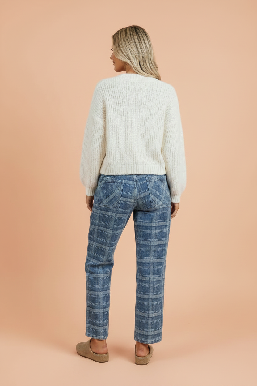 Denim Plaid Grommet Drawstring Waist Jeans