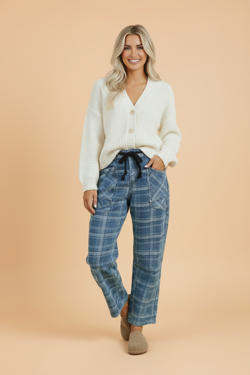 Denim Plaid Grommet Drawstring Waist Jeans
