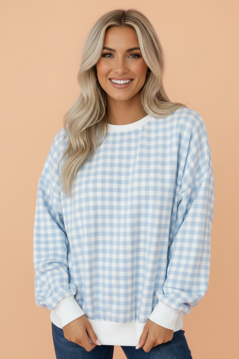 Gingham Contrast Trim Long Sleeve Sweatshirt