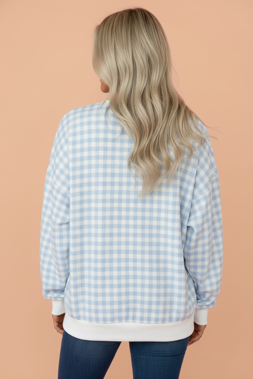 Gingham Contrast Trim Long Sleeve Sweatshirt