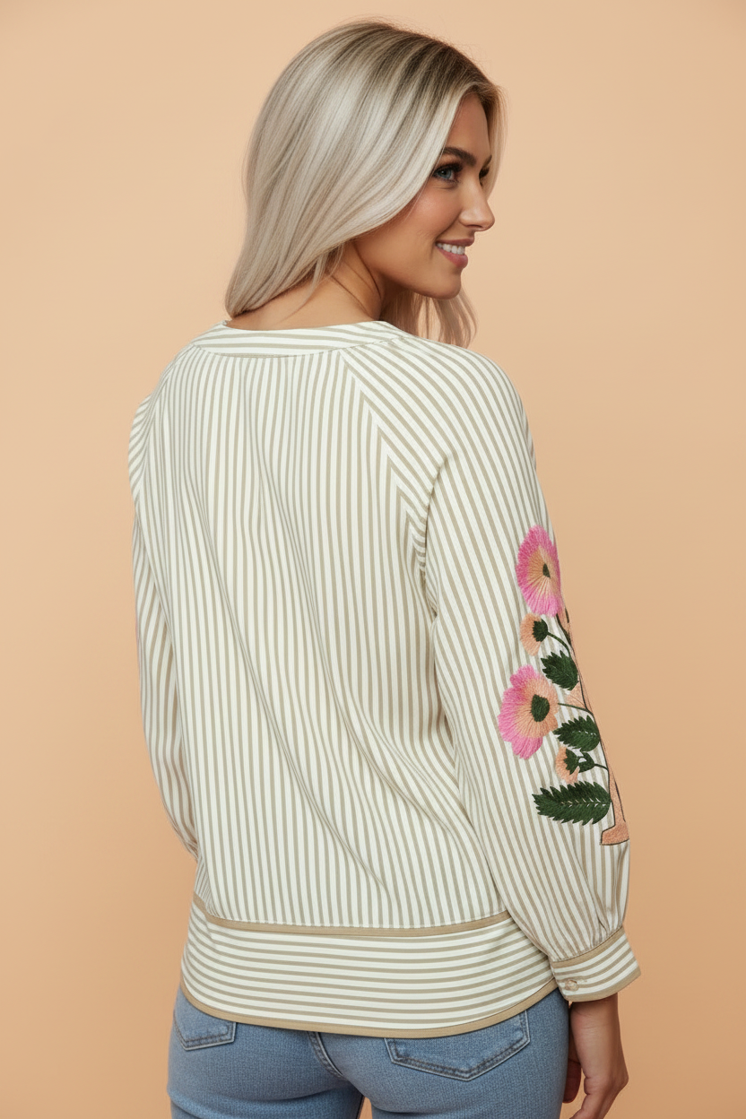 Floral Embroidered Stripe V-Neck Long Sleeve Blouse