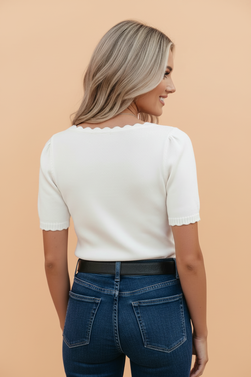 Western Floral Scalloped Square Neck Knit Top