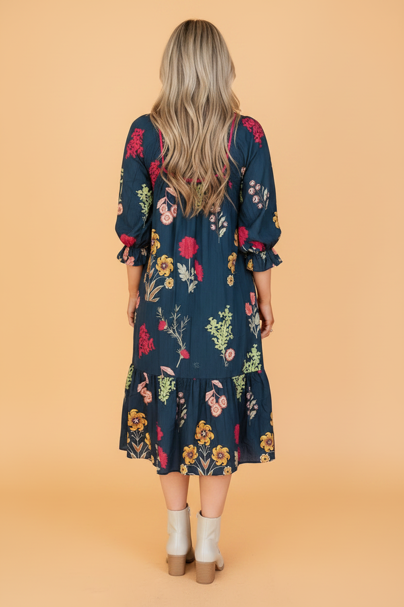 Floral Smocked 3/4 Puff Sleeve Midi Dress
