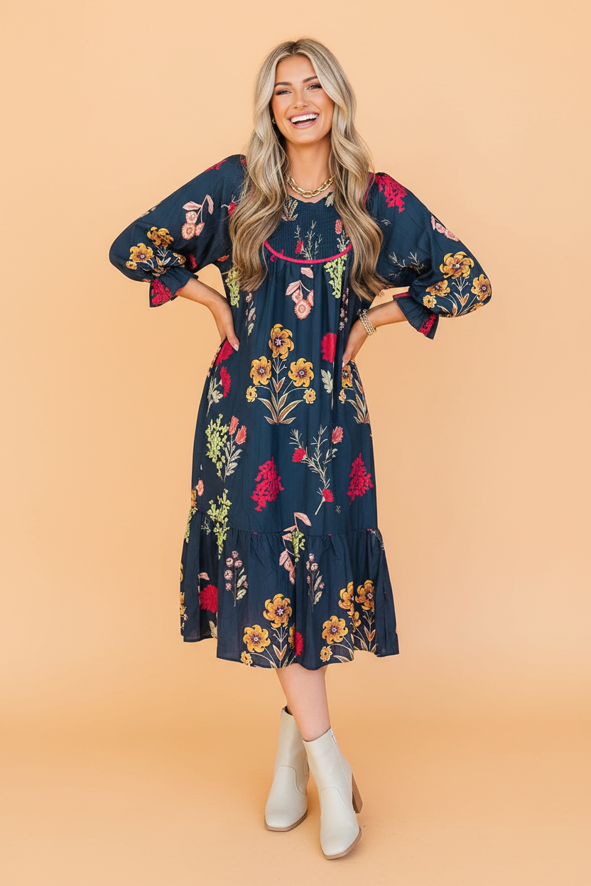 Floral Smocked 3/4 Puff Sleeve Midi Dress