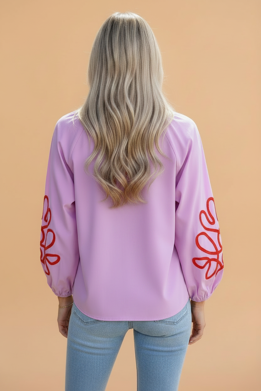 Abstract Contrast Trim V-Neck Long Sleeve Blouse
