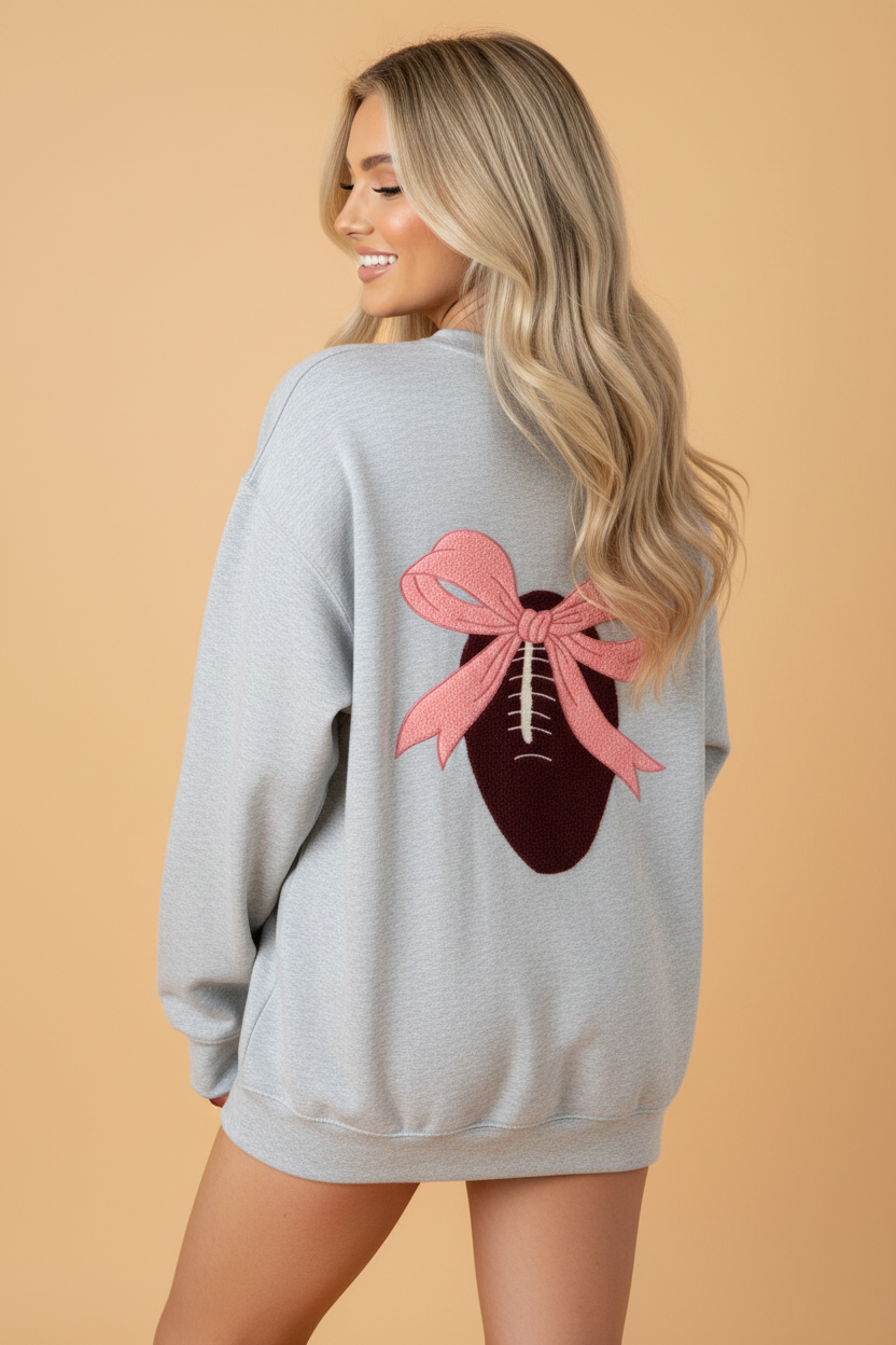 Football Bow Embroidered Patch Long Sleeve Sweatshirt