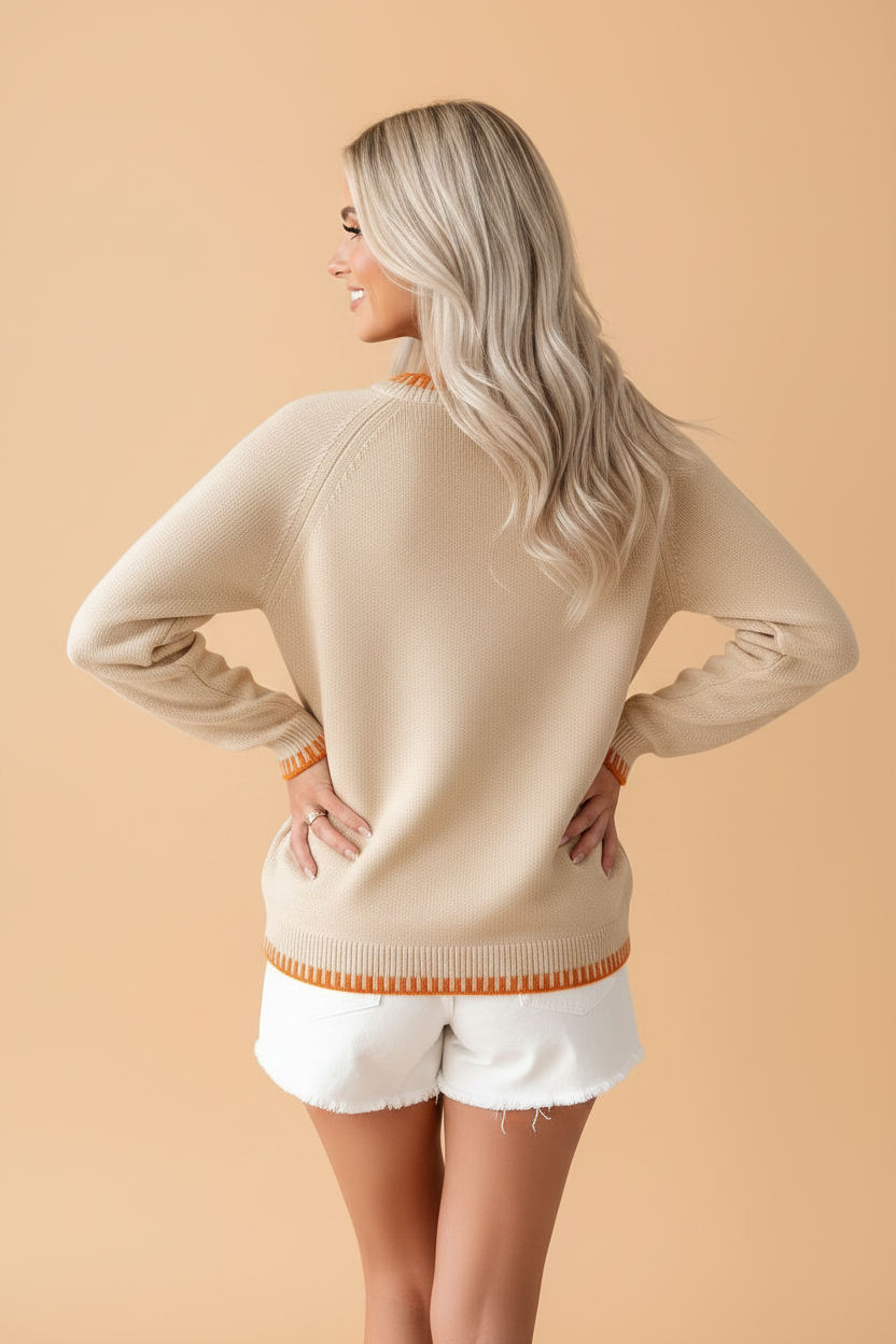 Pumpkin Floral Embroidered Round Neck Sweater