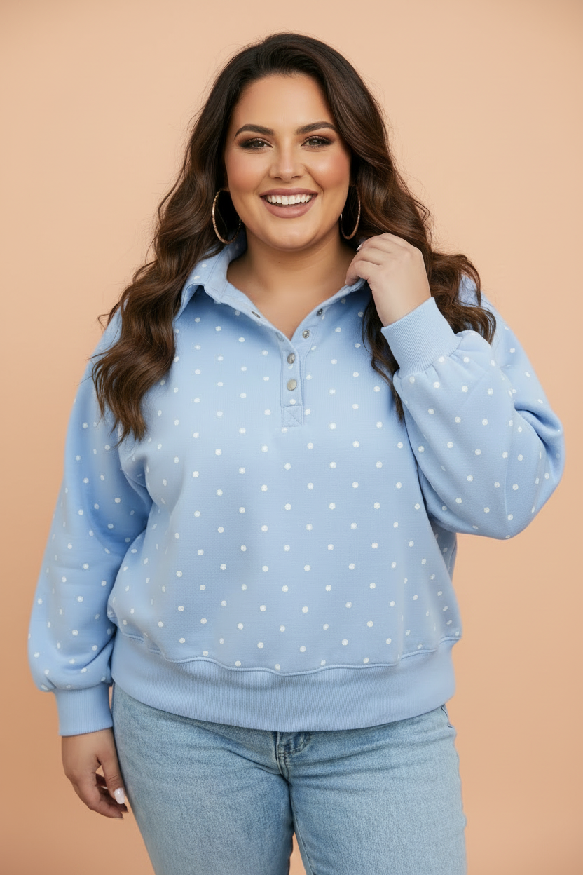 Plus Size Polka Dot Buttoned V-Neck Long Sleeve Sweatshirt