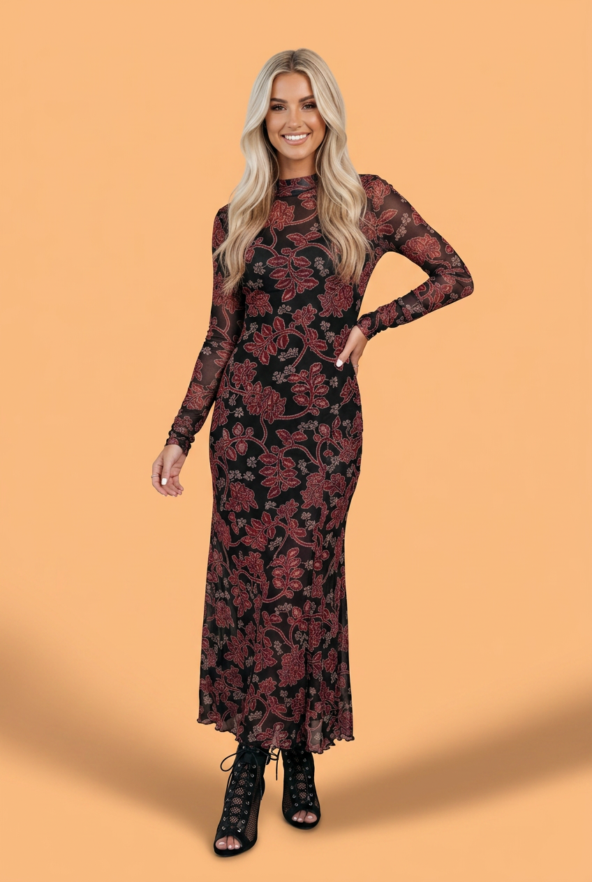 Floral Retro Long Sleeve Mesh Maxi Dress