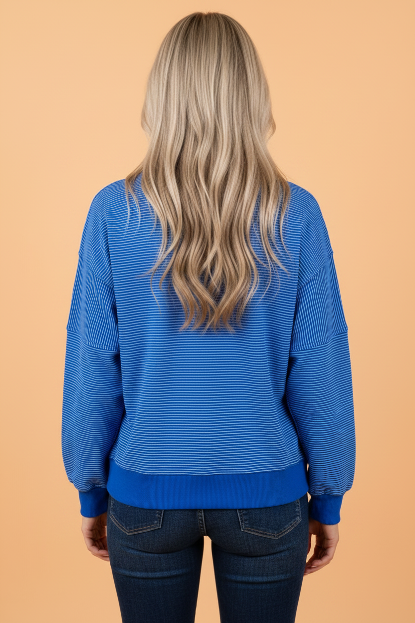 Stripe Ribbed Trim Long Sleeve Pullover Top