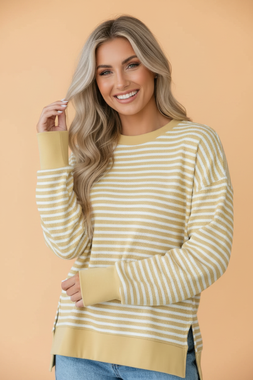 Stripe Textured Knit Contrast Trim Long Sleeve Top