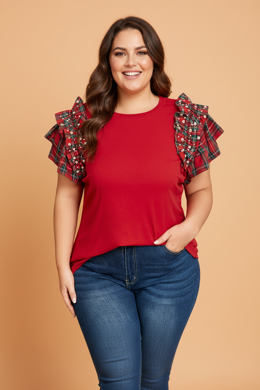 Plus Size Christmas Plaid Pearl Ruffle Sleeve T-shirt