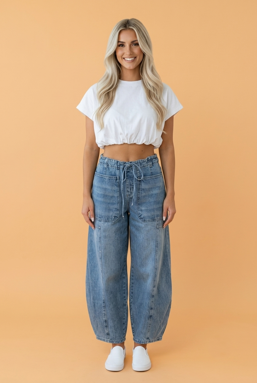 Large Patch Pocket Drawstring Paperbag Waist Barrel Jeans