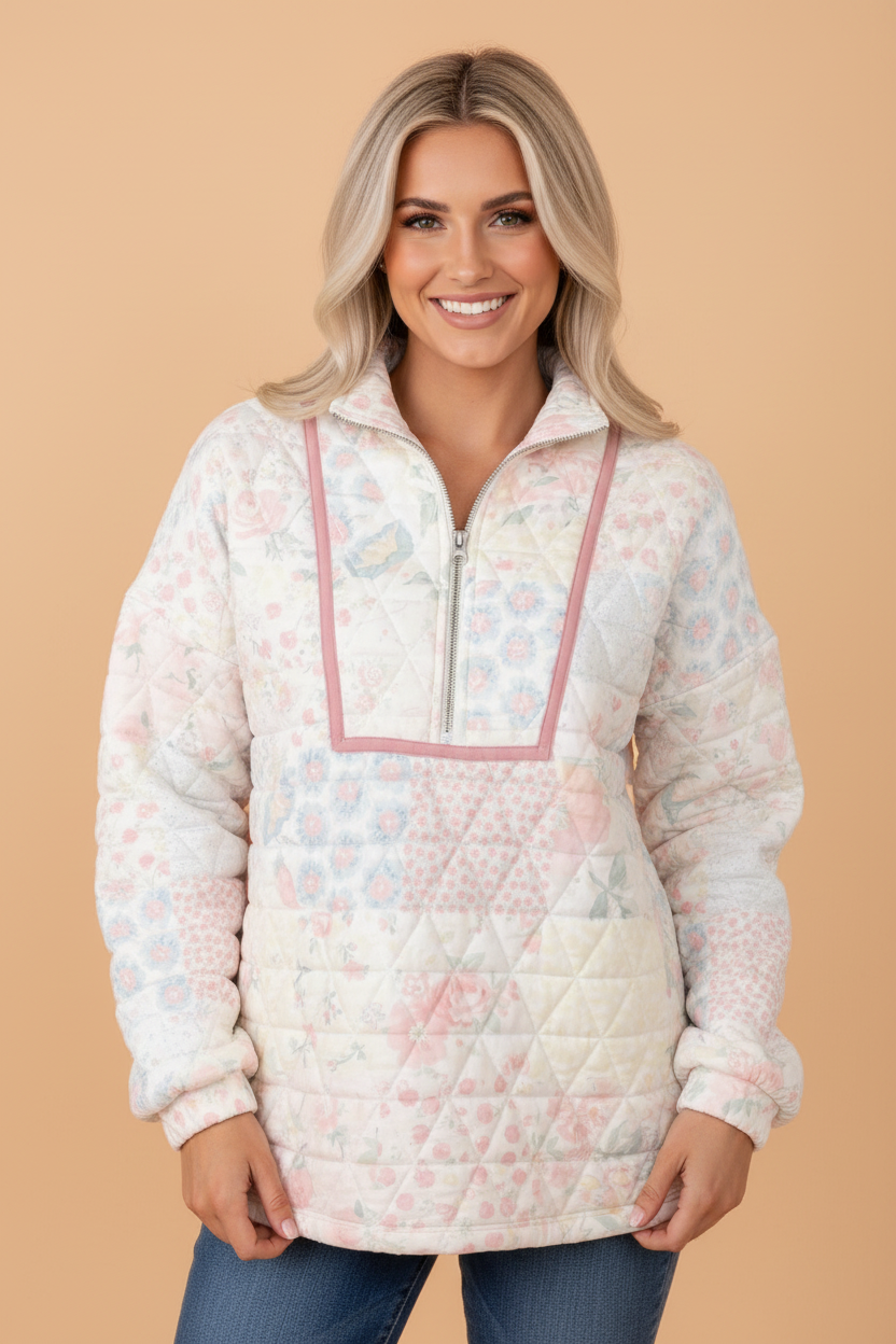 Floral Quilted Metal Zipper Collar Long Sleeve Sweatshirt
