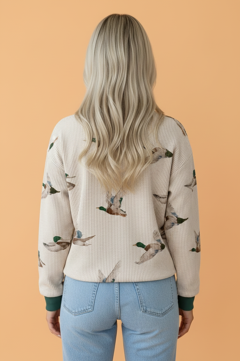 Mallard Duck Corded Knit Crew Neck Pullover Top