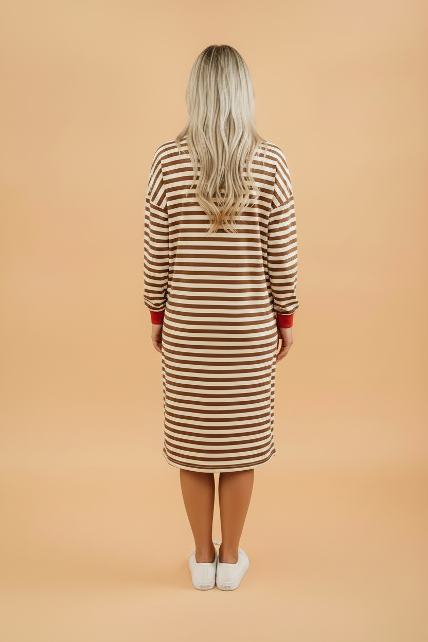 Stripe Colorblock Long Sleeve Tie Waist Dress