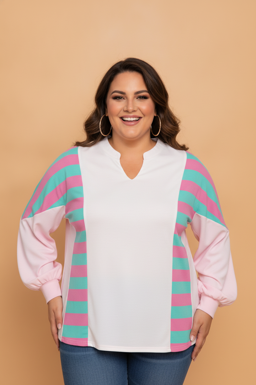 Plus Size Stripe Colorblock V-Neck Long Sleeve Blouse