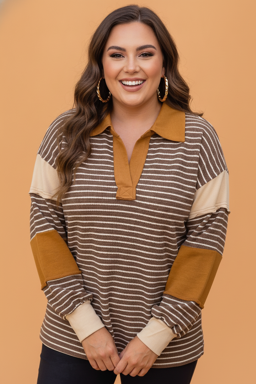 Plus Size Stripe Colorblock V-Neck Long Sleeve Top
