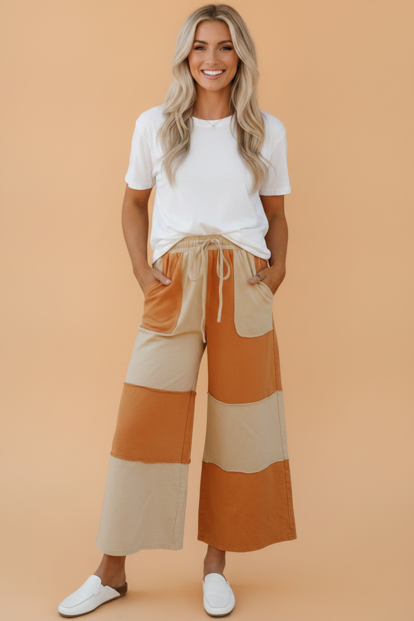 Colorblock Raw Seam Wide Leg Ankle Length Pants