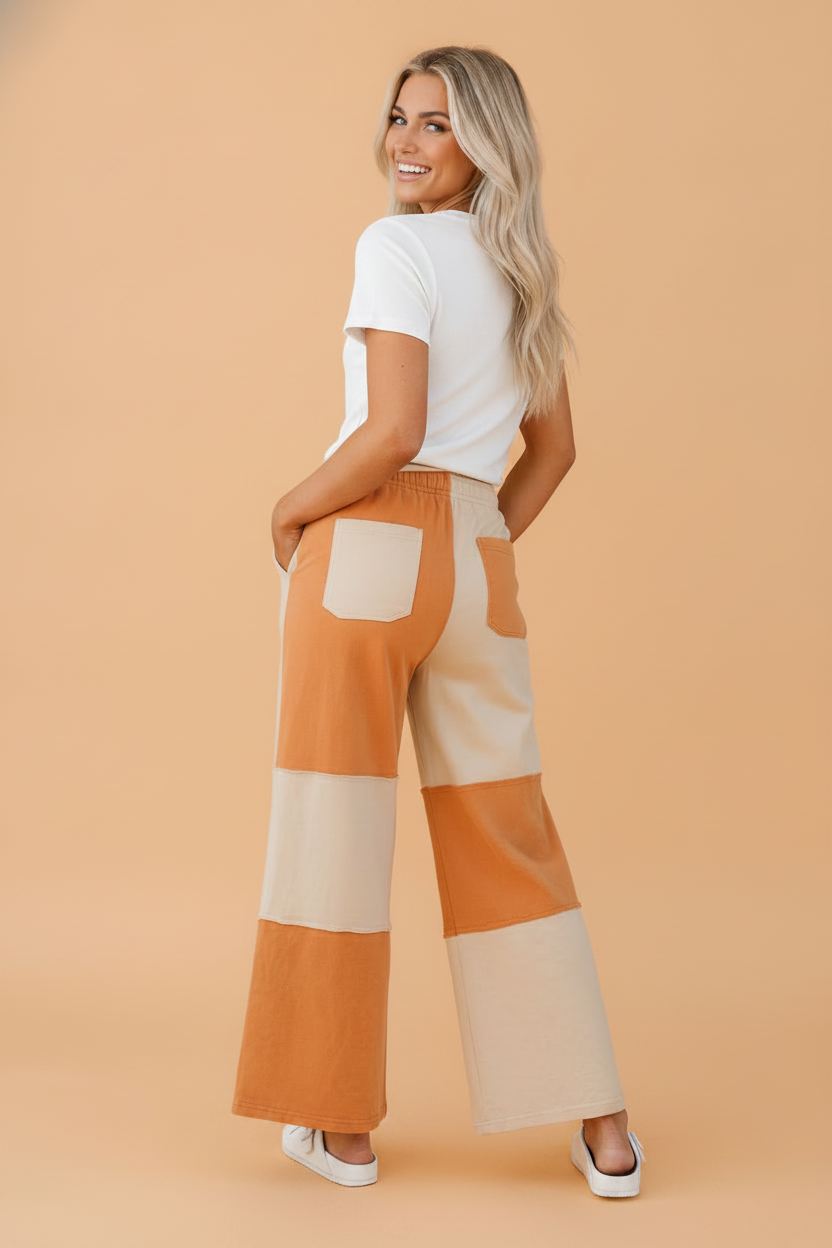 Colorblock Raw Seam Wide Leg Ankle Length Pants
