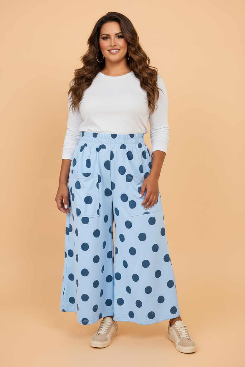 Plus Size Polka Dot Elastic Waist Wide Leg Pants