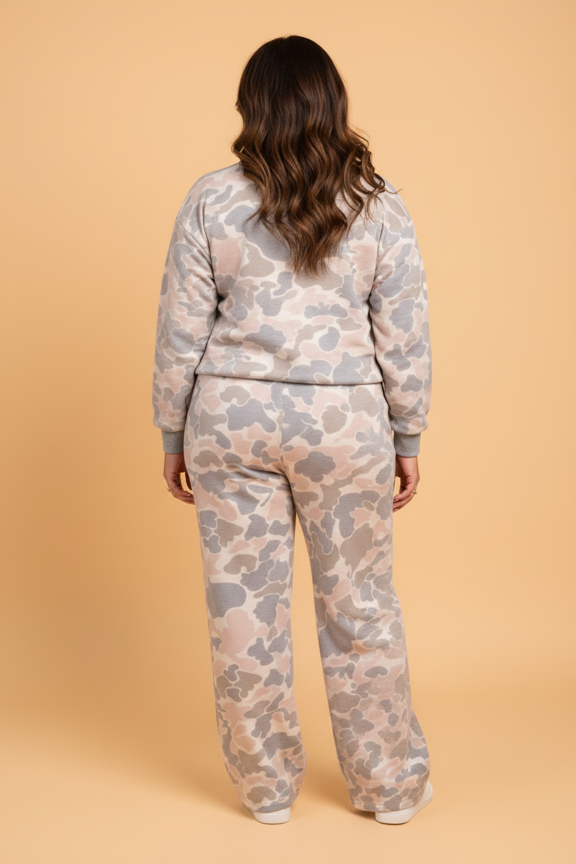 Plus Size Camo Long Sleeve Top & Elastic Waist Pants Set