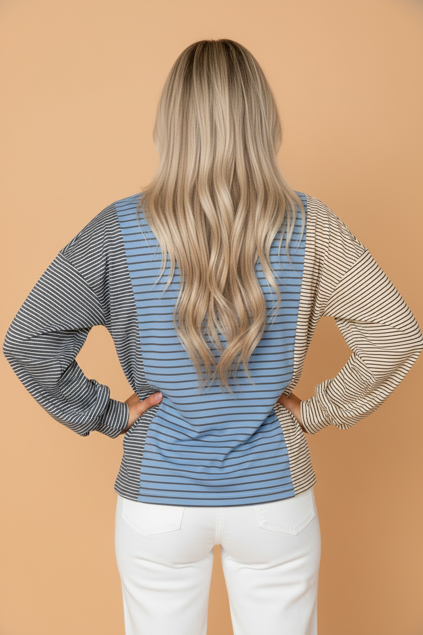 Stripe Colorblock Round Neck Long Sleeve Top