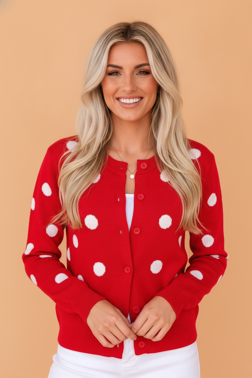 Polka Dot Button Front Sweater Knit Cardigan