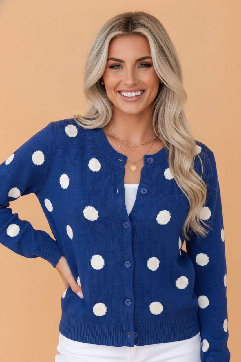 Polka Dot Button Front Sweater Knit Cardigan