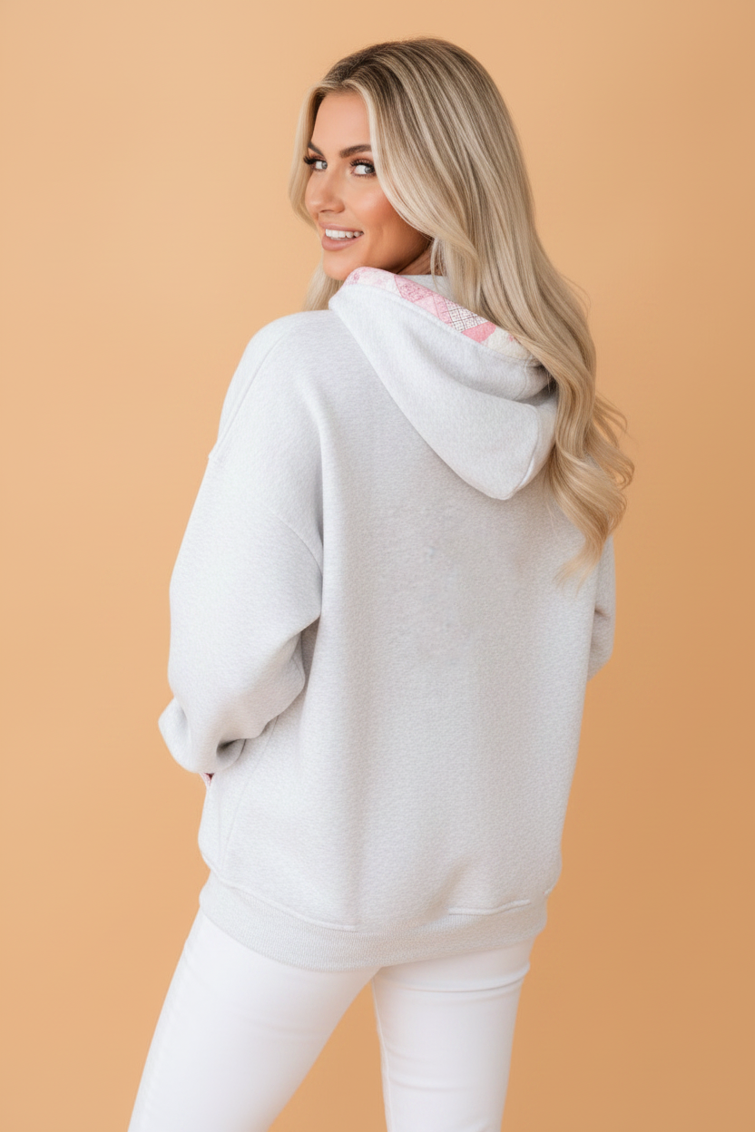Floral Quilted Contrast Trim Oversized Hoodie