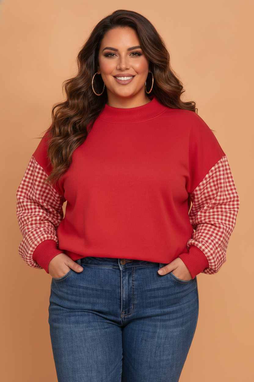 Plus Size Gingham Loose Fit Long Sleeve Sweatshirt