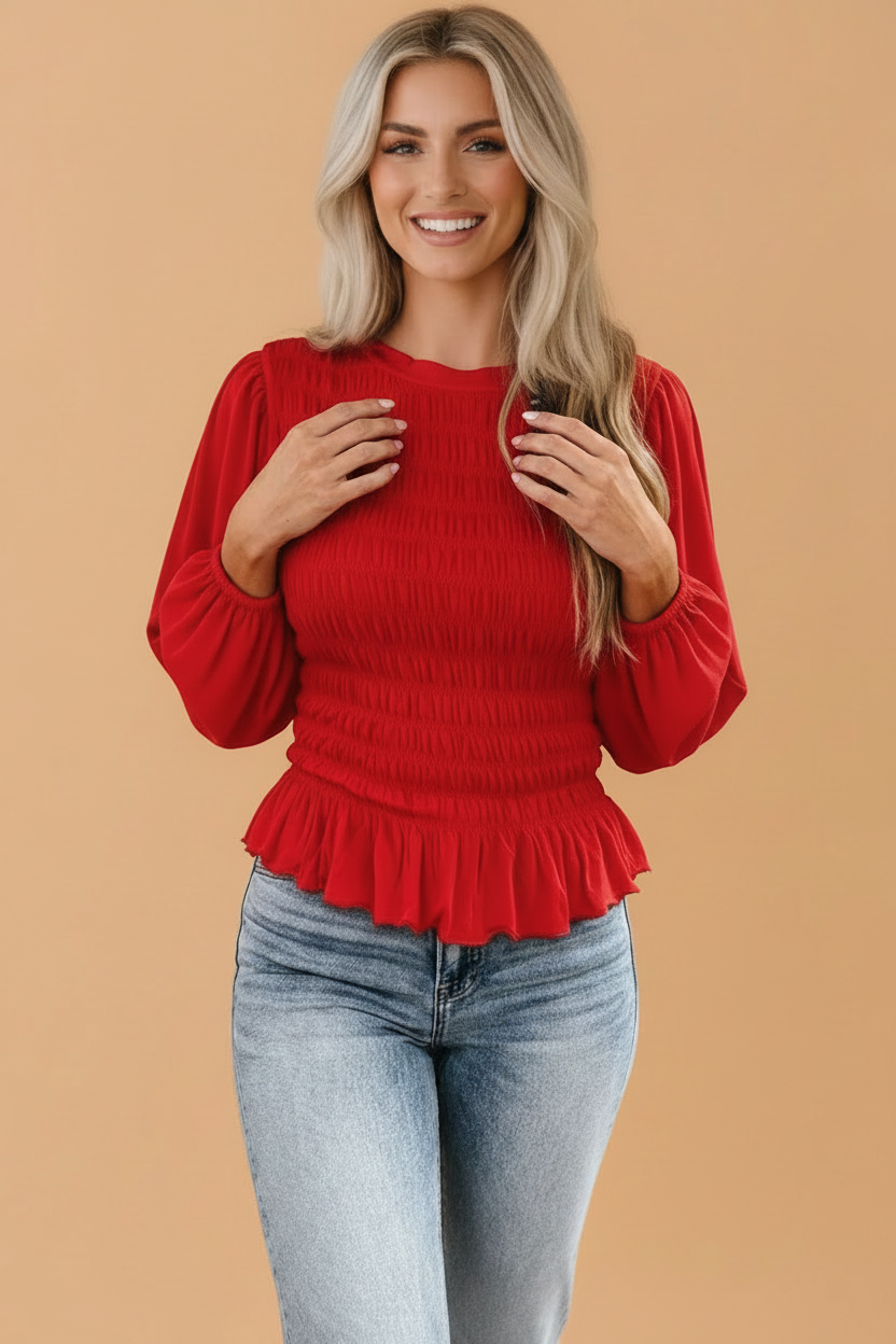 Solid Smocked Ruffle Hem Long Sleeve Blouse