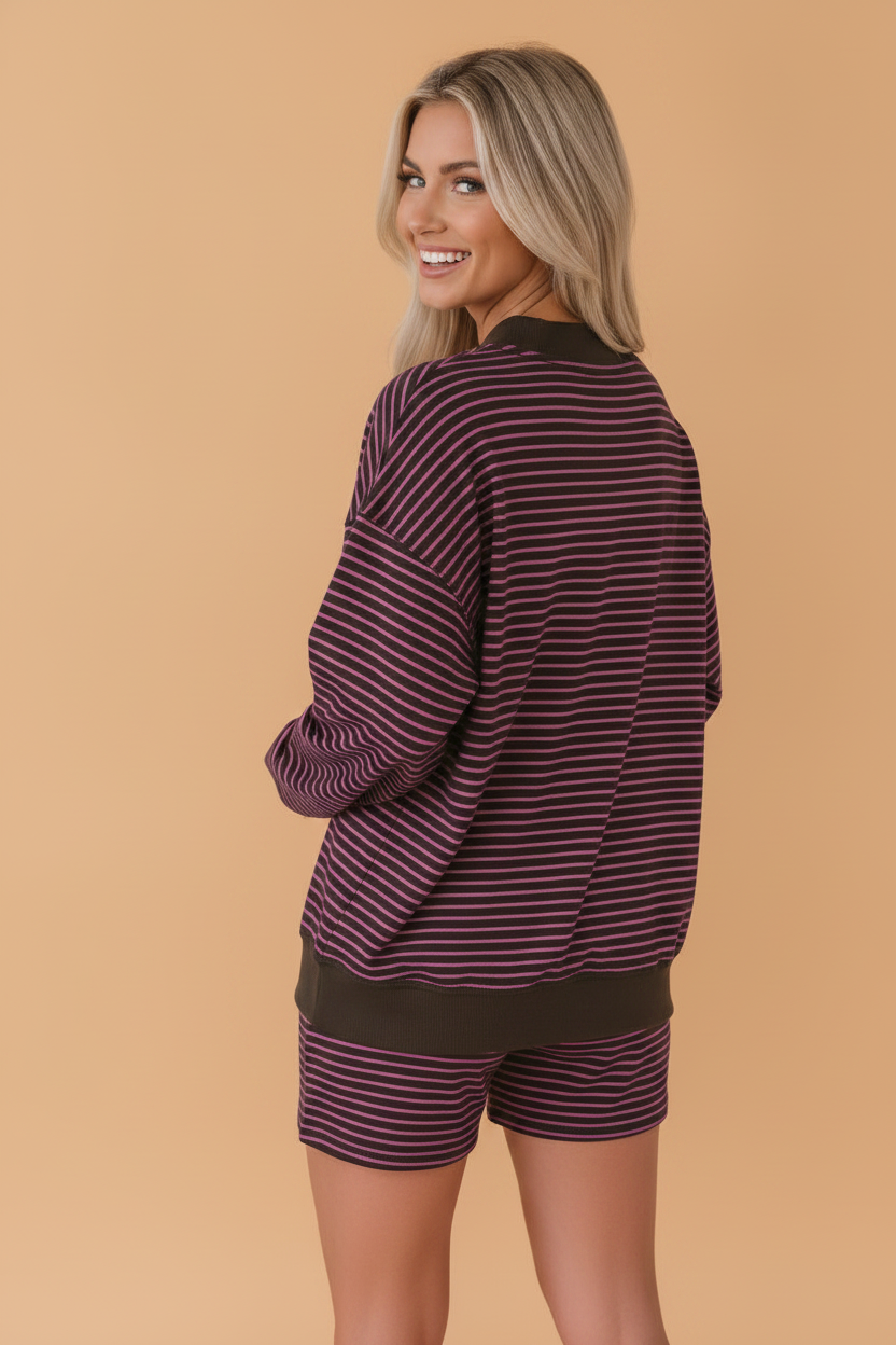 Stripe Ribbed Patchwork Mock Neck Pullover & Shorts Set