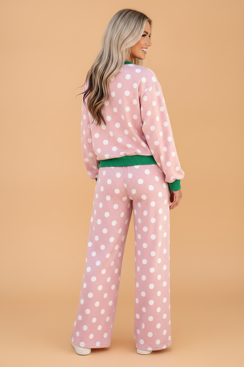 Polka Dot Contrast Trim Top & Drawstring Pants Set