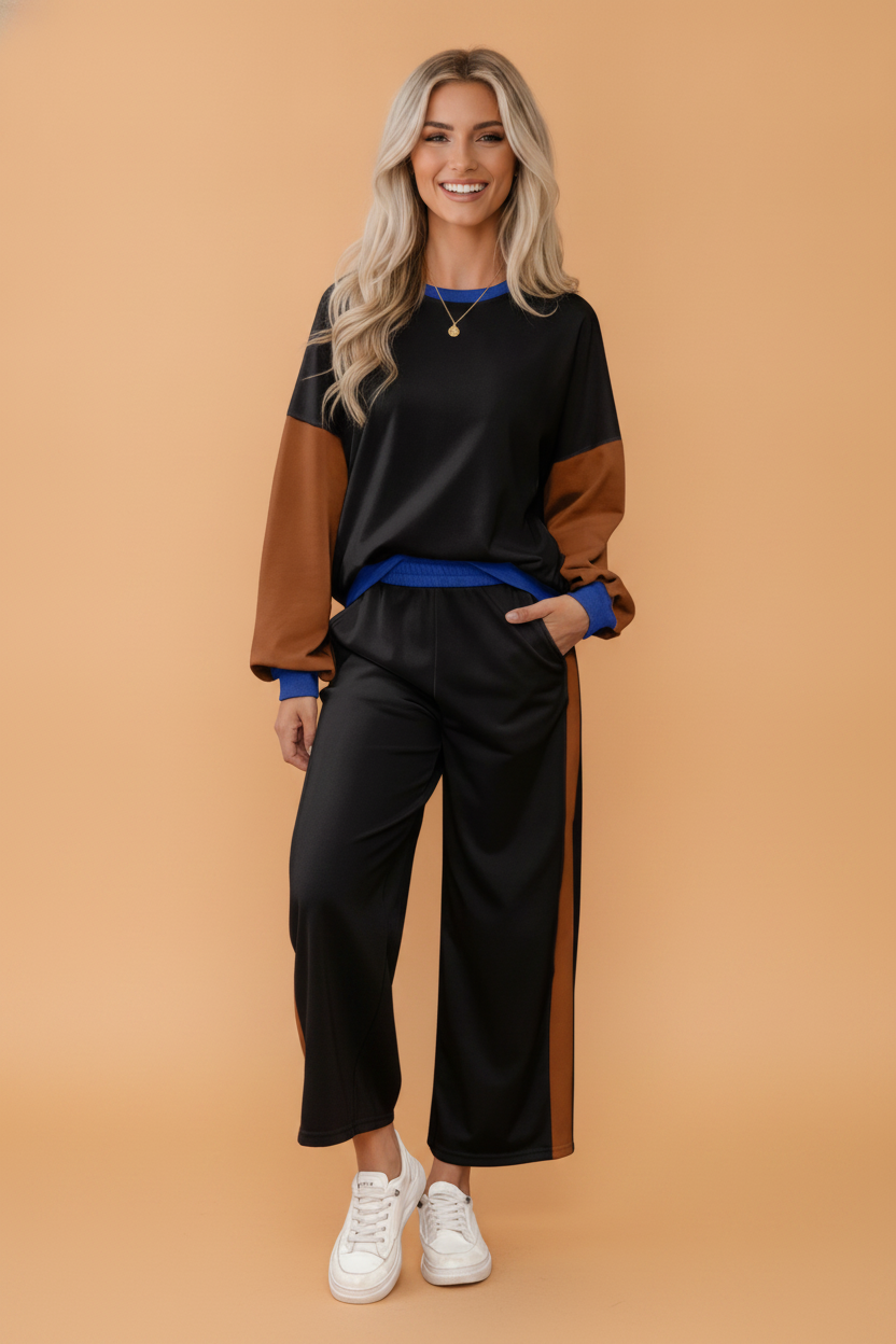 Colorblock Sweatshirt & Loose Pants Set