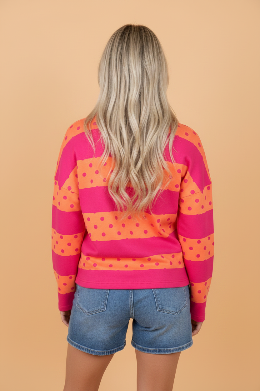 Stripe Polka Dot Patchwork Half-Zip Long Sleeve Top