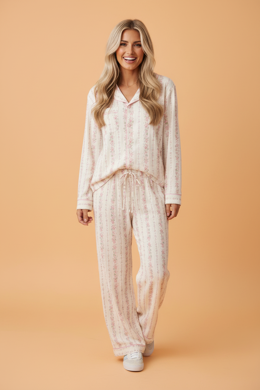 Floral Stripe Long Sleeve Shirt & Pant Pajama Set